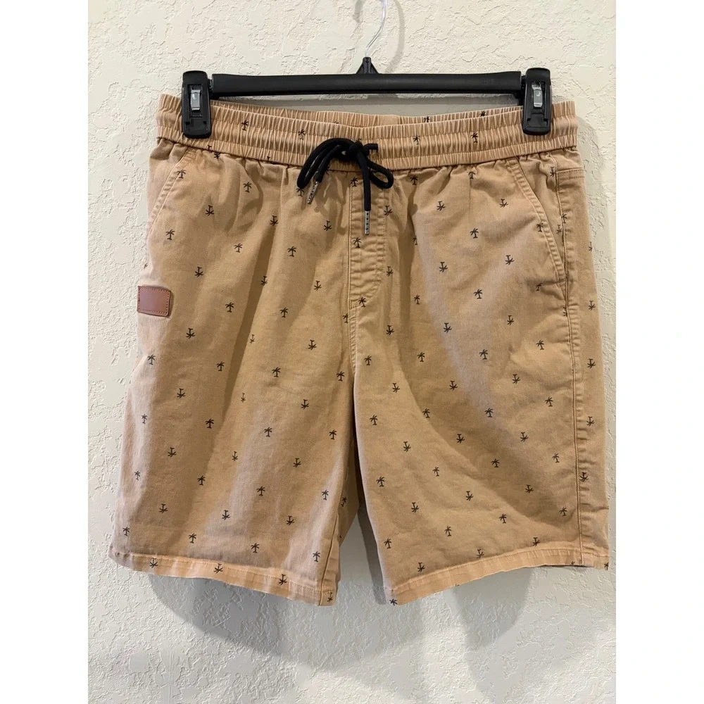 JMIERR Mens Tan Palm Tree Print Drawstring Shorts Size 34 Khaki Casual Summer